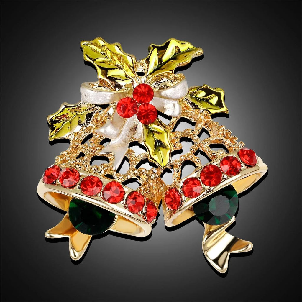 Luxury Gold Alloy Christmas Bell Brooch With Red Rhinestones, Enamel Holly Bow Lapel Pin Gift