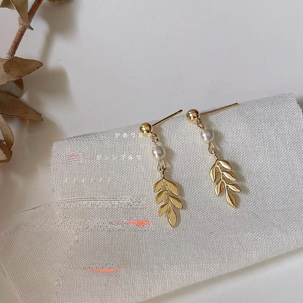 14K Gold Plated Copper Wheat Leaf Stud Earrings Handmade Minimalist Style Jewelry