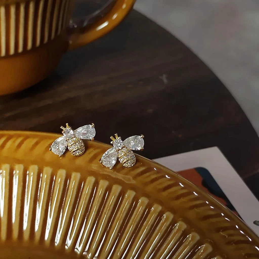 14K Gold Plated Needle Zircon Micro Pave Bee Stud Earrings For Women Korean Japanese Minimalist Jewelry