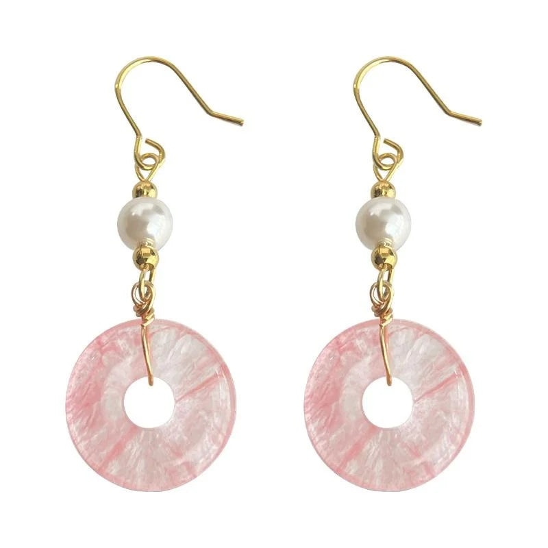 New Chinese Red Natural Stone Copper Geometric Peace Buckle Tassel Drop Earrings