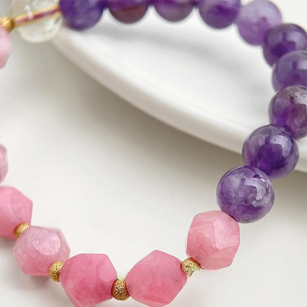 New Chinese Style Natural Stone Lavender Amethyst Geometric Round Ring Bracelet For Women