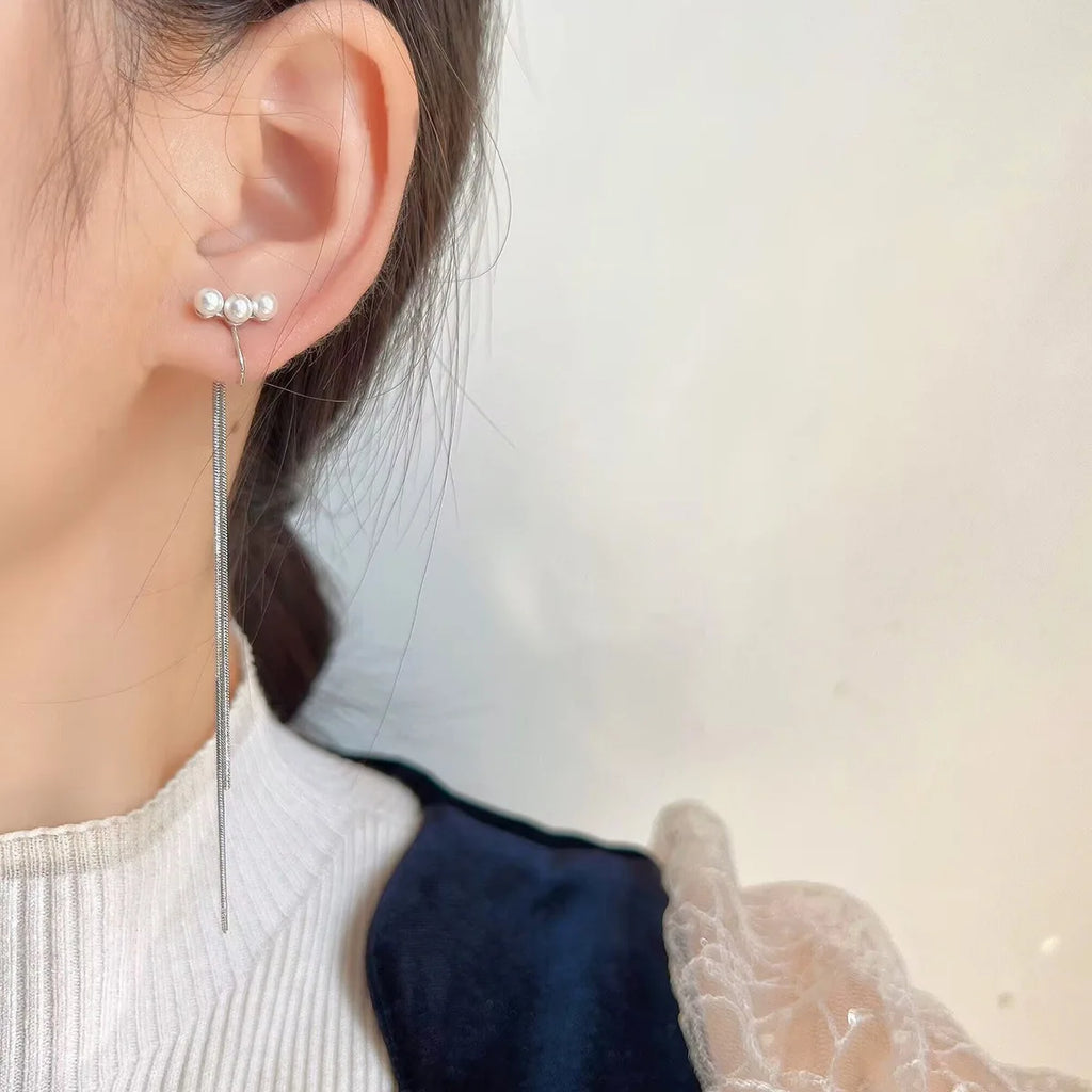 Elegant Pearl Spiral Disc Long Chain Tassel Alloy Stud & Clip On No Piercing Drop Earrings