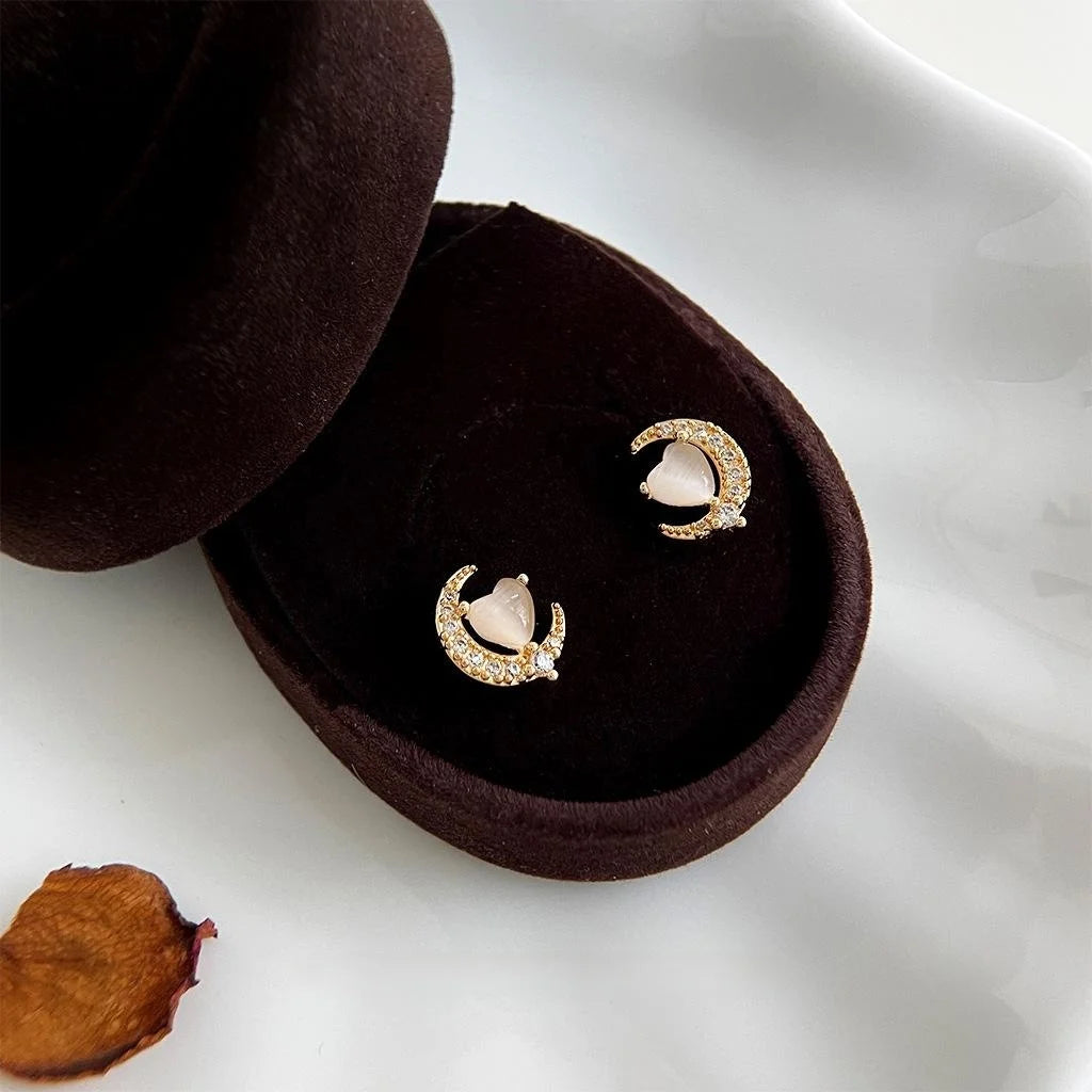 14K Gold Plated Copper Moon Stud Earrings With Zircon And Glass Cat Eye Stone Minimalist Cute Jewelry