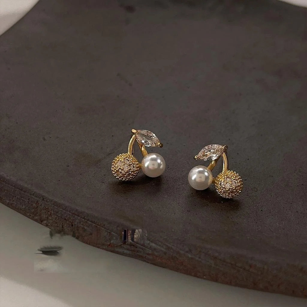 Versatile French Style Micro Pave Zircon Cherry Pearl Copper Stud Earrings For Women