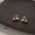 Versatile French Style Micro Pave Zircon Cherry Pearl Copper Stud Earrings For Women