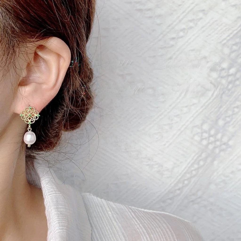 14K Gold Plated Lace Hollow Freshwater Pearl Zircon Stud Earrings French Elegant Jewelry