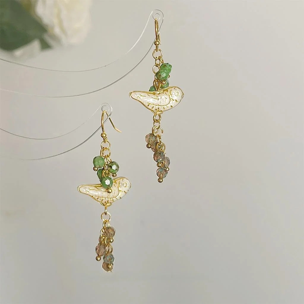 Handmade Glazed Glass Grape Cluster Bird Drop Earrings Forest Sweet Original Design Jewelry