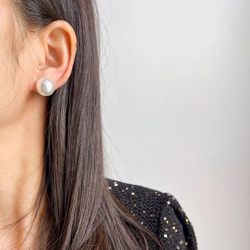 Elegant 14mm White Pearl Ball Stud & Clip On No Piercing Large Round Luxury Women's Fashion Earrings