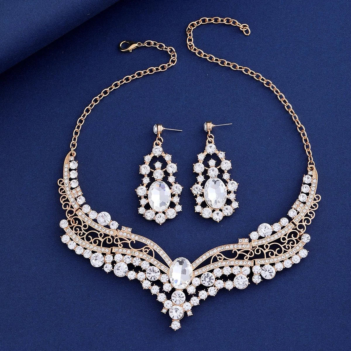 Luxury Rose Gold Rhinestone Necklace And Earrings Jewelry Set, Elegant Crystal Bridal Jewelry For Wedding Party
