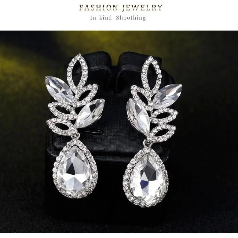 Luxury Bridal Rhinestone Crystal Leaf Teardrop Dangle Earrings For Wedding Party Banquet Gift