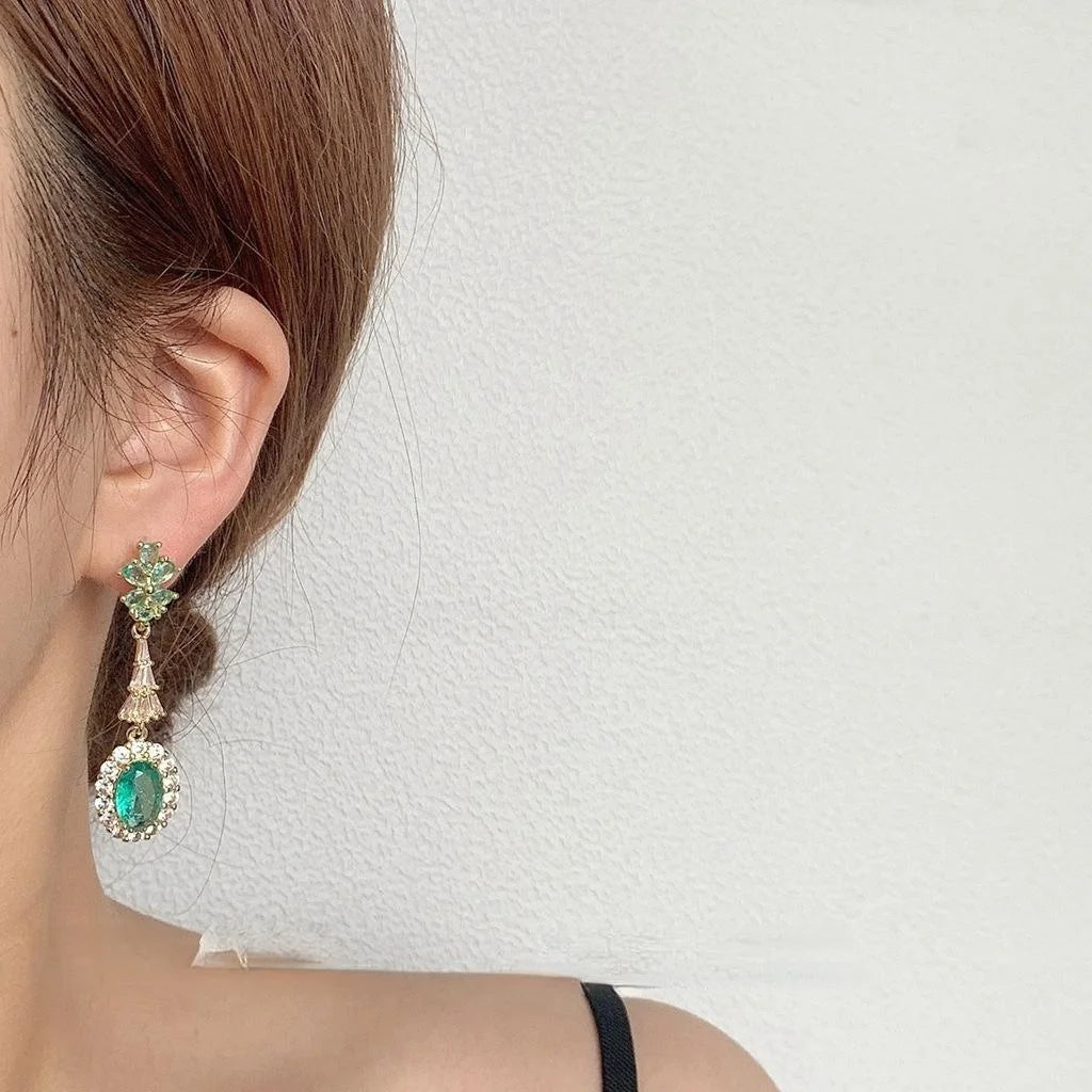 Vintage 14K Gold Plated Copper Green Zircon Teardrop Tassel Drop Earrings