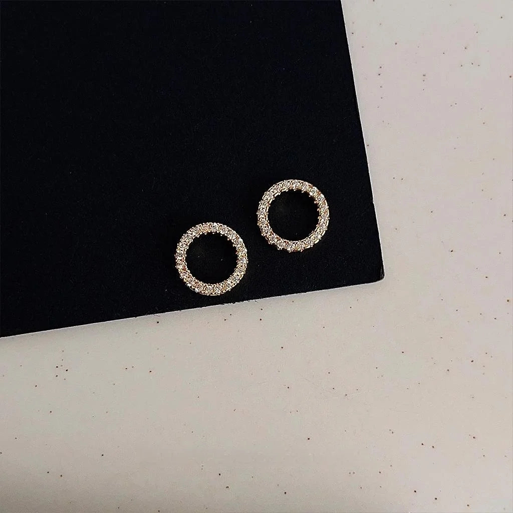 14K Gold Plated Copper Round Geometric Zircon Hollow Mini Stud Earrings