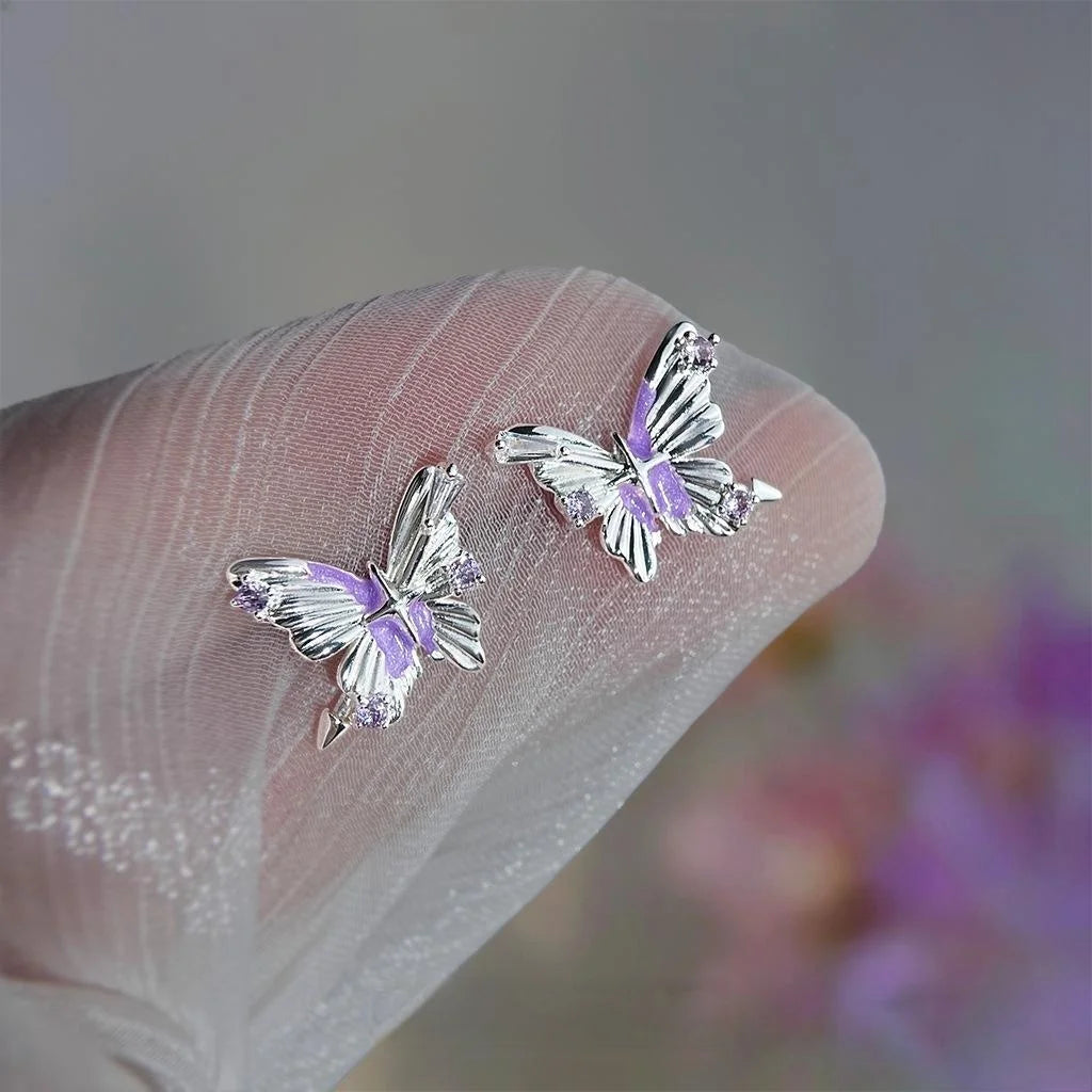 Original Designer Eco Copper Zircon Purple Butterfly Stud Earrings For Women Sweet Cool Style