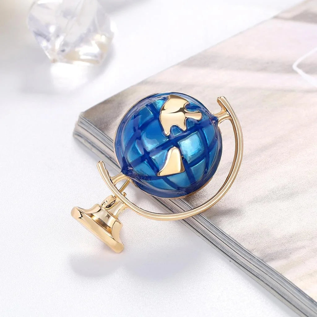 Elegant Blue Enamel Globe Planet Brooch, Gold Tone Alloy Lapel Pin Corsage Suit Accessory Gift
