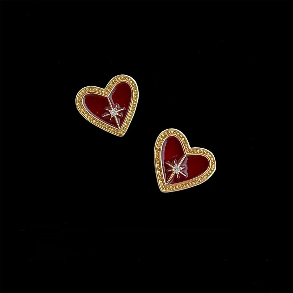 Vintage Burgundy Enamel Heart Star Micro Pave Zircon Stud Earrings Copper