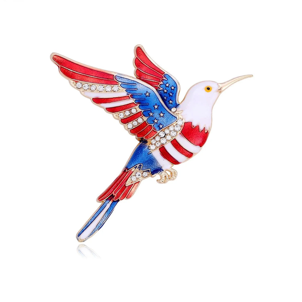 Luxury Patriotic Hummingbird Enamel Rhinestone Alloy Brooch, Independence Day Lapel Pin Suit Accessory Gift