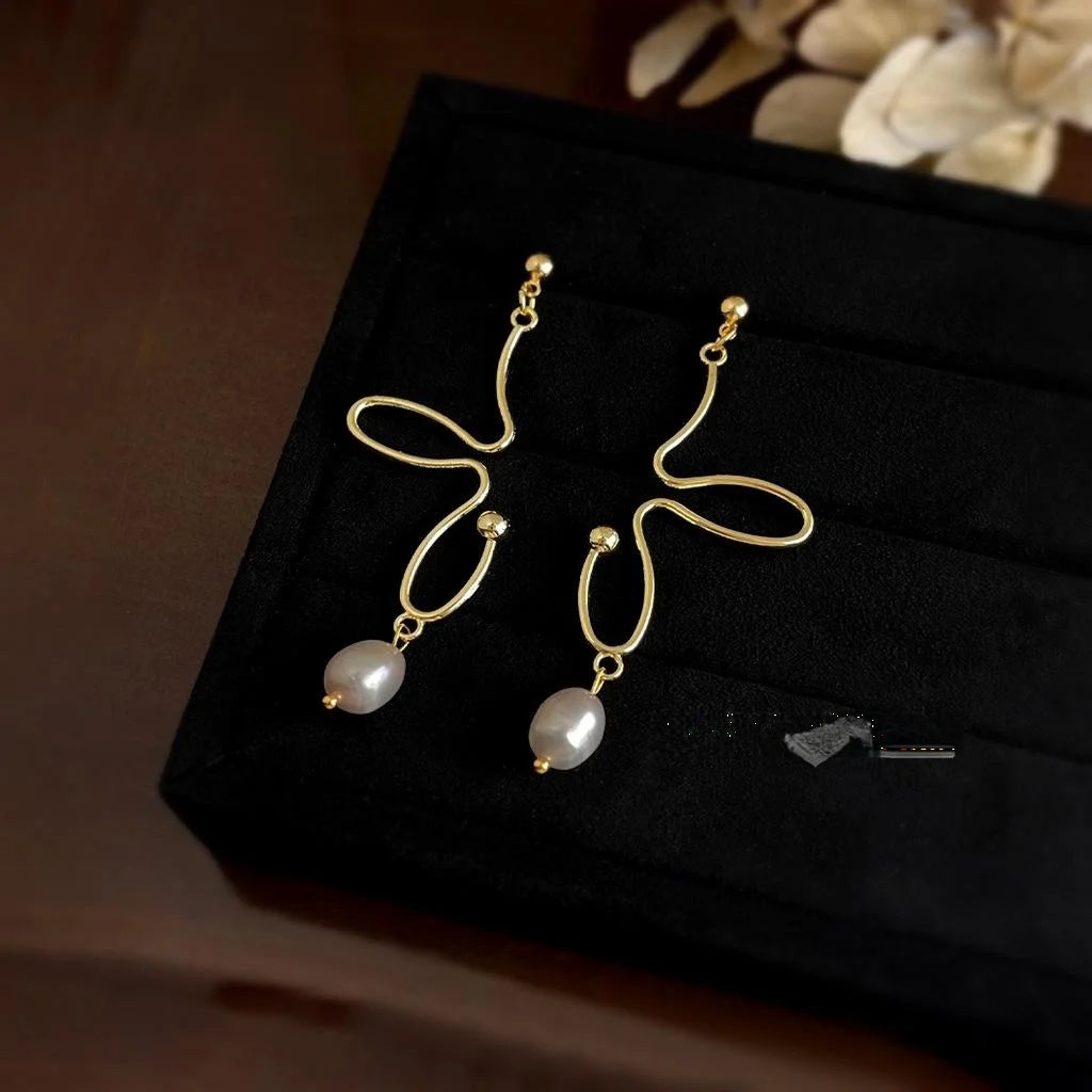 Freshwater Pearl 14K Plated Abstract Butterfly Stud Earrings Minimalist Copper Jewelry