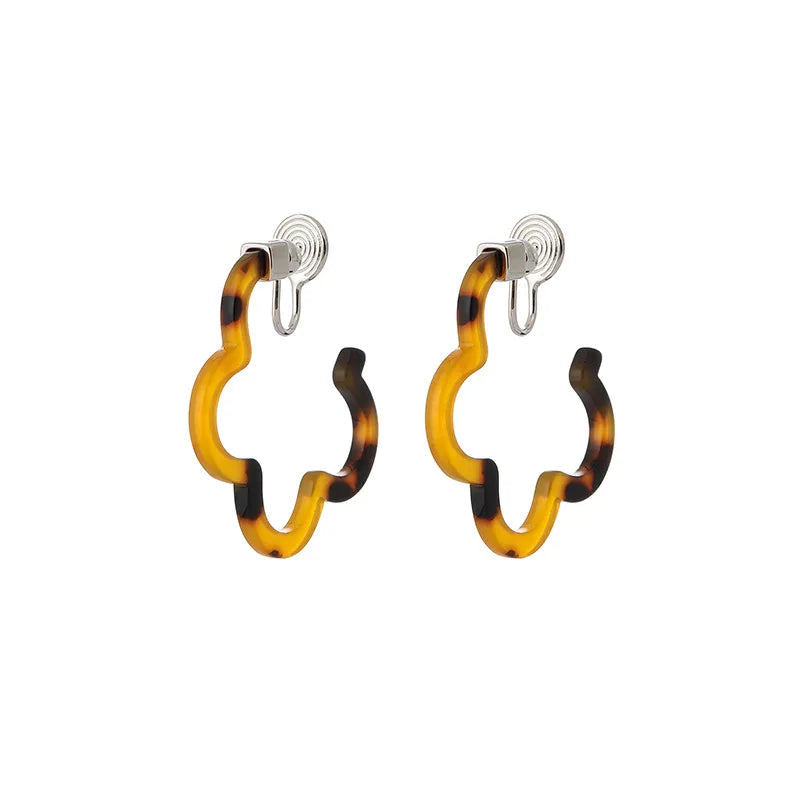 Vintage Amber Tortoiseshell Flower Swirl Alloy Stud & Clip On No Piercing Statement Hoop Earrings