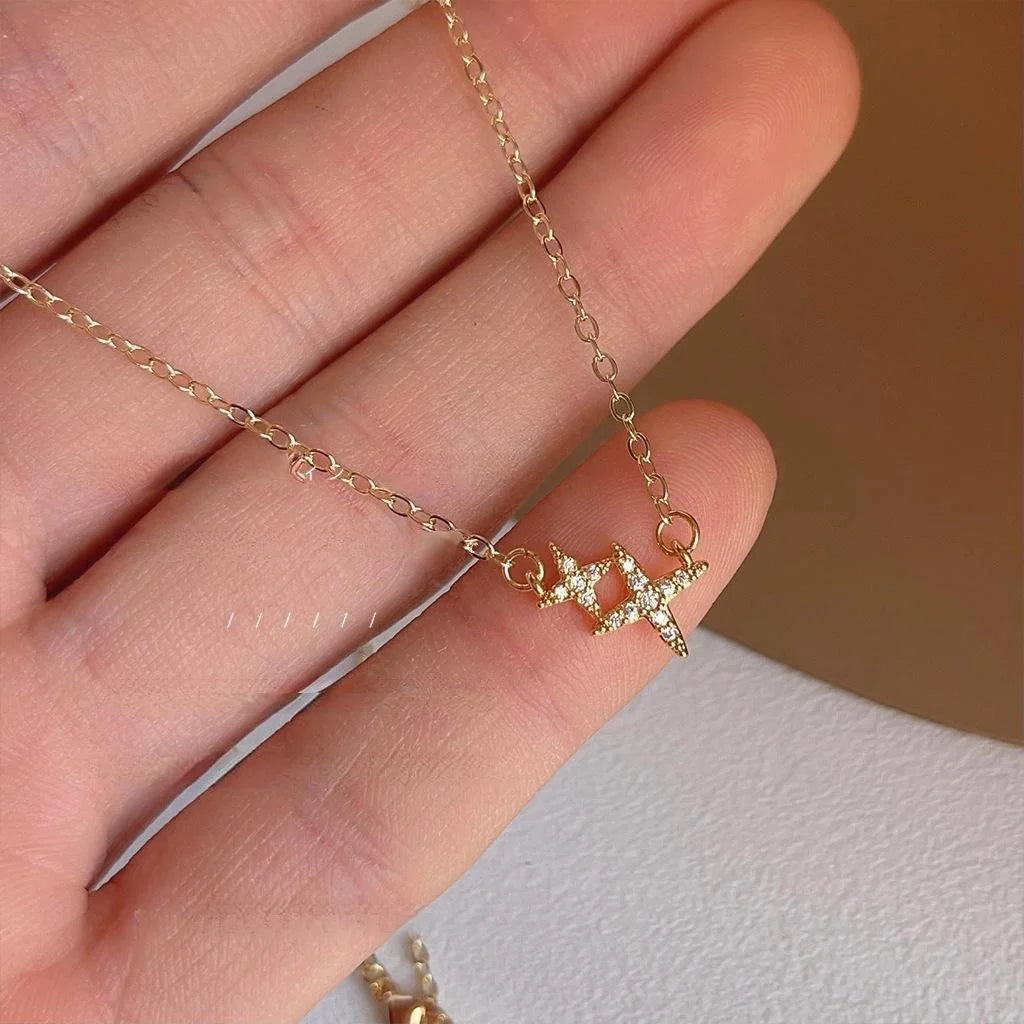 14K Gold Plated Copper Micro Pave Zircon Star Clavicle Necklace Korean Style Choker