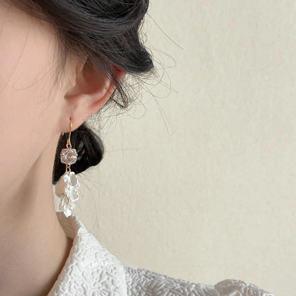 Sweet Forest Style Zircon Resin Flower Leaf Tassel Drop Earrings Handmade Long Jewelry