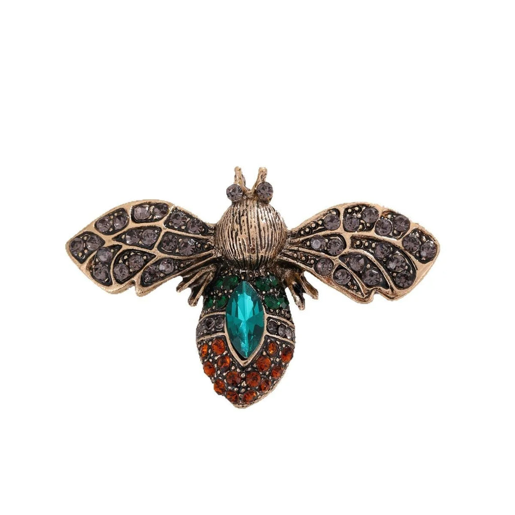 Vintage Bee Brooch With Rhinestone Wings And Emerald Crystal Body, Alloy Lapel Pin For Coat Suit Gift