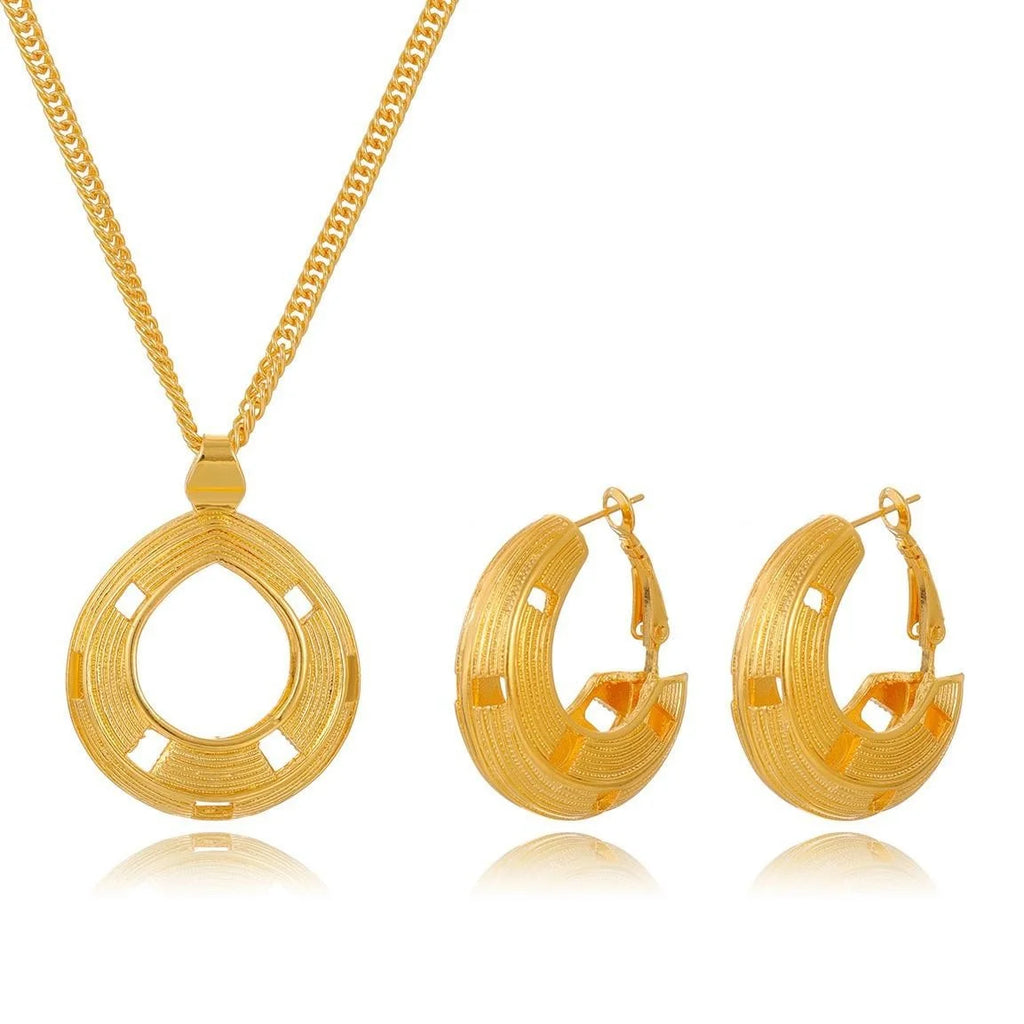 24K Gold Plated Alloy Geometric Pendant Necklace And Hoop Earrings Jewelry Set Luxury Wedding Party Jewelry Gift