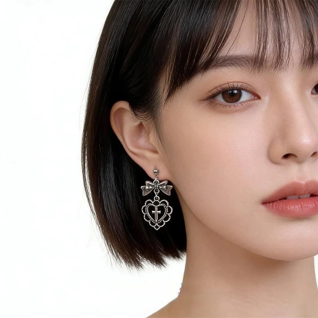 Sweet Cool Lolita Heart Bow Cross Drop Earrings, Antique Black Geometric Design