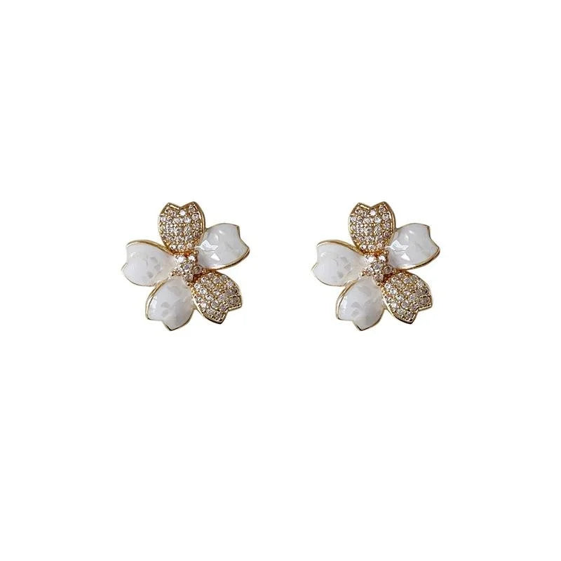Sweet White Lily Flower Stud Earrings Copper Micro Pave Zircon Enamel Small Floral Jewelry