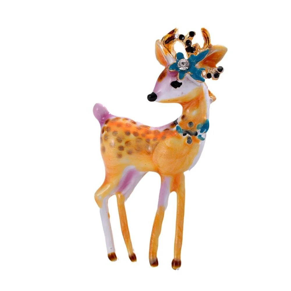 Cute Enamel Sika Deer Brooch With Rhinestone Flower, Alloy Animal Lapel Pin Corsage Gift Suit Accessory
