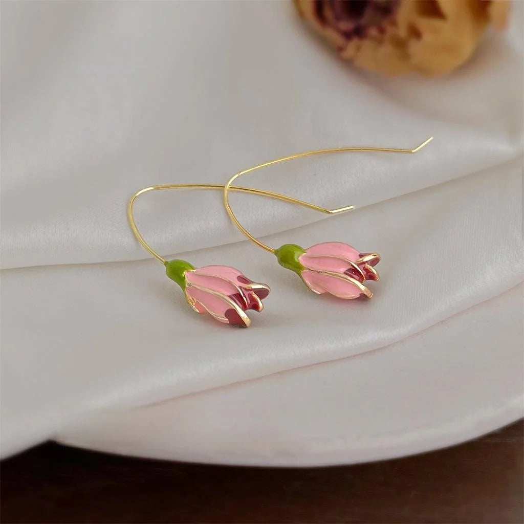 Sweet Forest Style Enamel Tulip Flower Drop Earrings For Women Handmade Eco Copper Jewelry