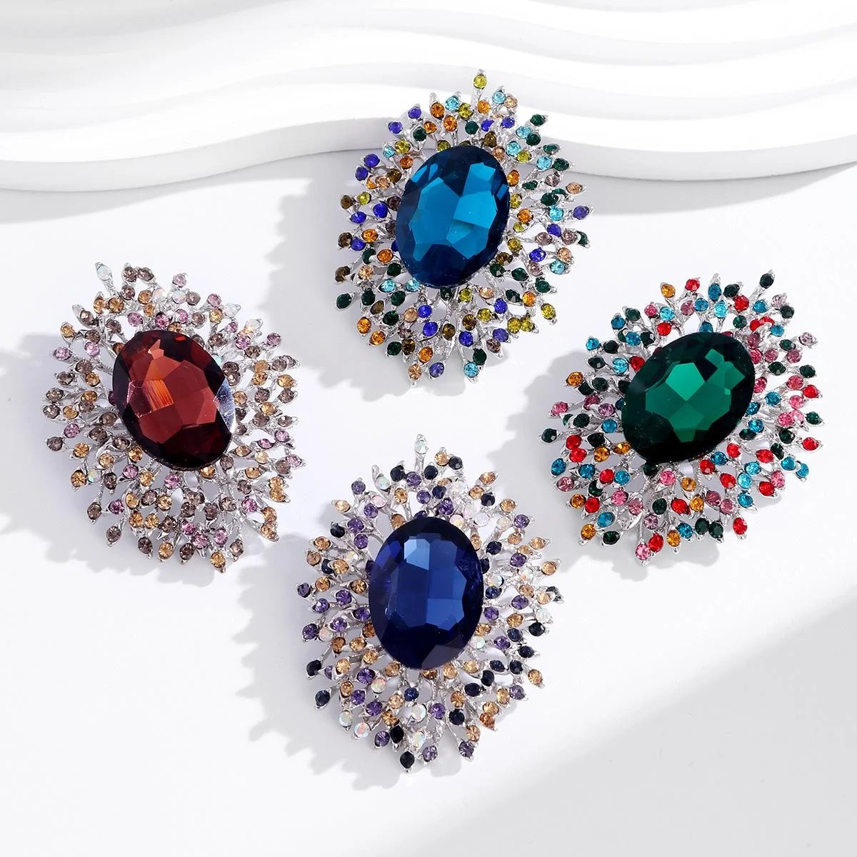 Luxury Blue Crystal Sunburst Brooch With Multicolor Rhinestones, Elegant Lapel Pin Corsage Gift
