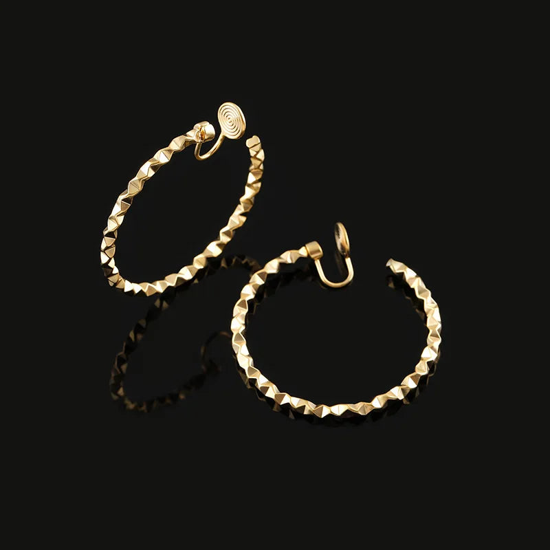 Elegant Gold Alloy Faceted Circle Hoop Stud & Clip On No Piercing Spiral Disc Fashion Earrings