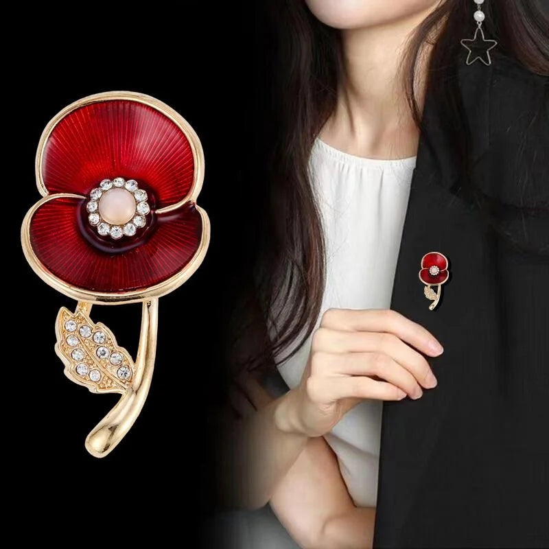 Elegant Red Enamel Poppy Flower Brooch With Rhinestone Pearl Center, Alloy Lapel Pin Corsage Gift