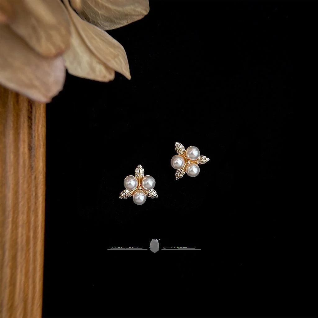 Minimalist Copper Stud Earrings, Micro Pave Zircon Pearl Leaf Triangle Design