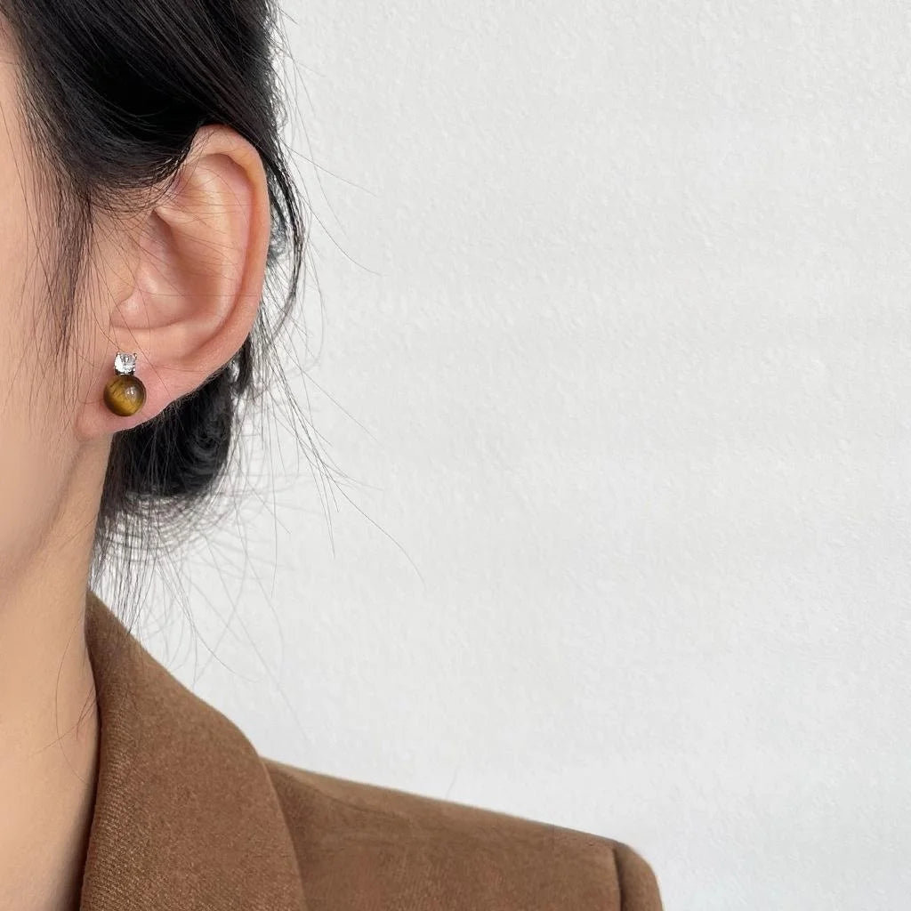 Light Luxury Tiger Eye Stud Earrings Brown Geometric Round Zircon Paved Copper Jewelry