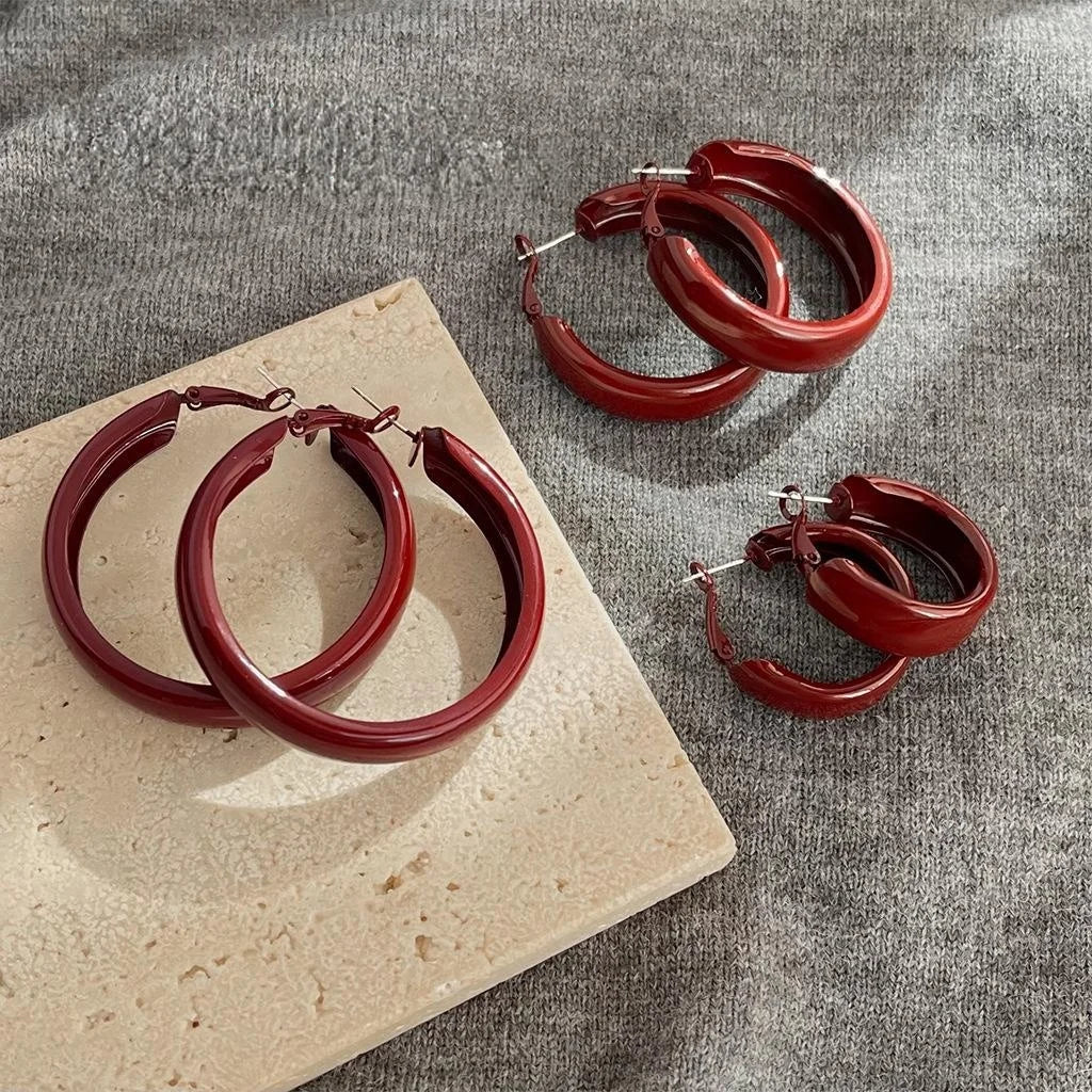 Red Enamel Metal Large Hoop Drop Earrings Geometric Round Retro Hong Kong Style Jewelry