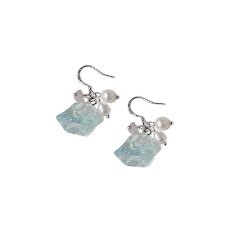 Ice Blue Ocean Acrylic Freshwater Pearl Geometric Drop Earrings, Silver Plated Pin Handmade Style