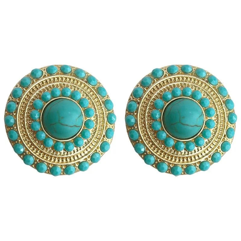 Vintage Ethnic Copper Synthetic Turquoise Geometric Round Stud Earrings