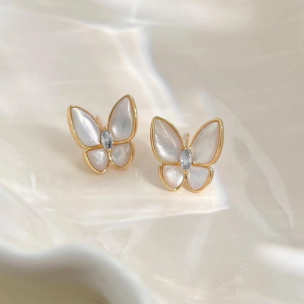 14K Gold Plated Copper White Mother Of Pearl Butterfly Stud Earrings Elegant Minimalist Jewelry