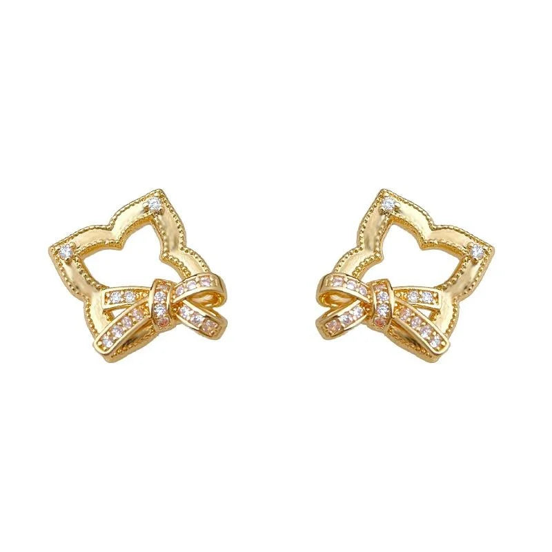 Light Luxury Micro Pave Zircon Hollow Geometric Bow Copper Stud Earrings With Silver Plated Pins
