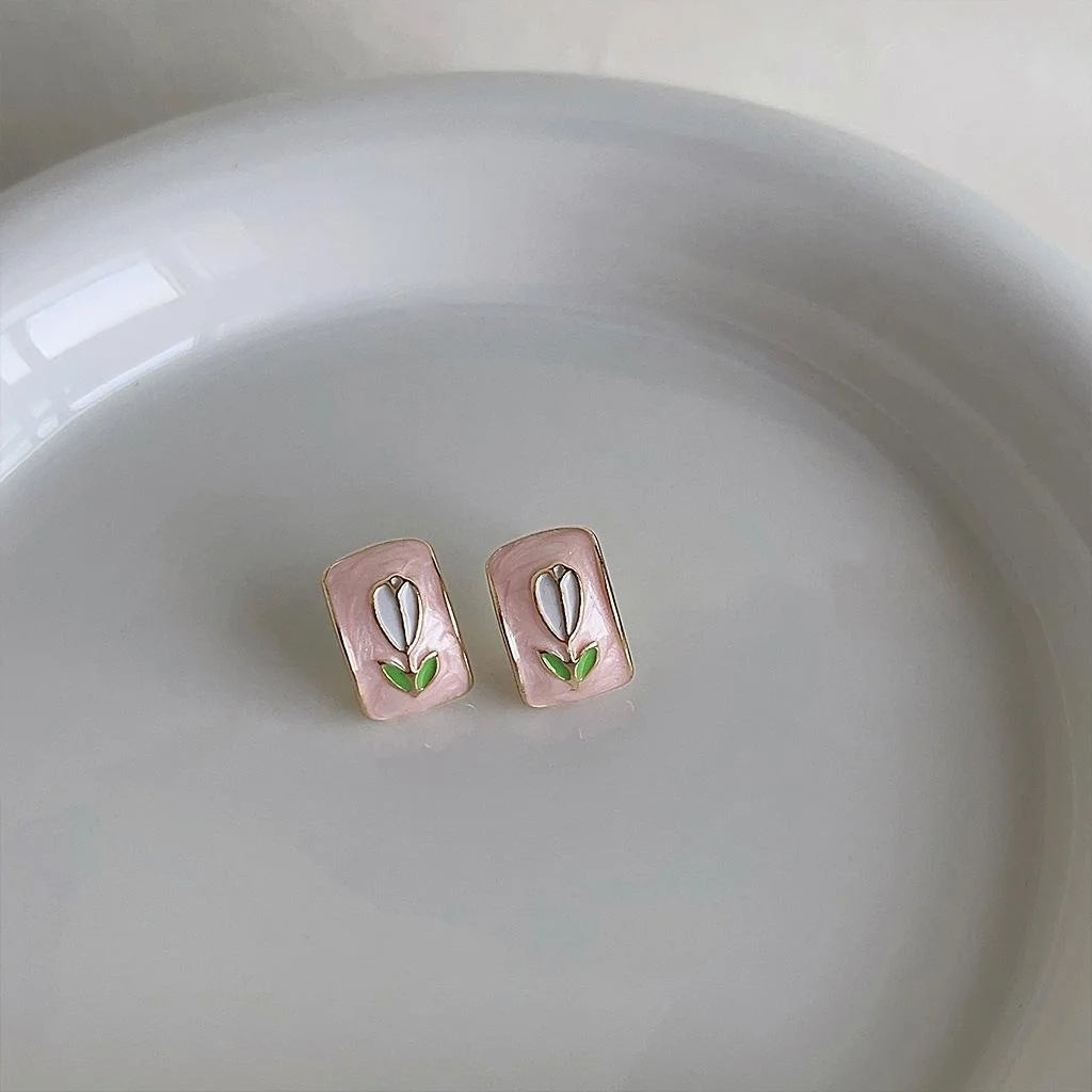 Sweet Pink Tulip Enamel Copper Stud Earrings Fresh Floral Geometric Spring Summer Jewelry
