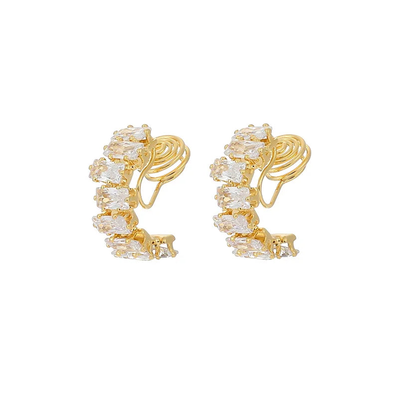Elegant Square Zircon Spiral Cuff Hoop Stud & Clip On No Piercing Silver Needle Women's Earrings