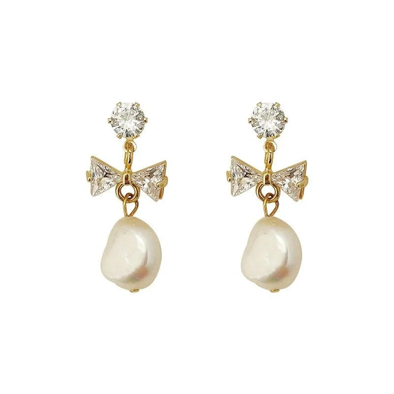Vintage Baroque Freshwater Pearl Bow Drop Earrings With Zircon And Silver Plated Pins