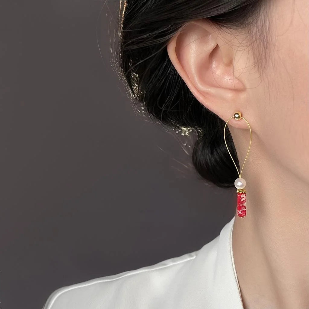 Designer Ethnic Geometric Line Drop Earrings With Natural Freshwater Pearls And Synthetic Red Turquoise