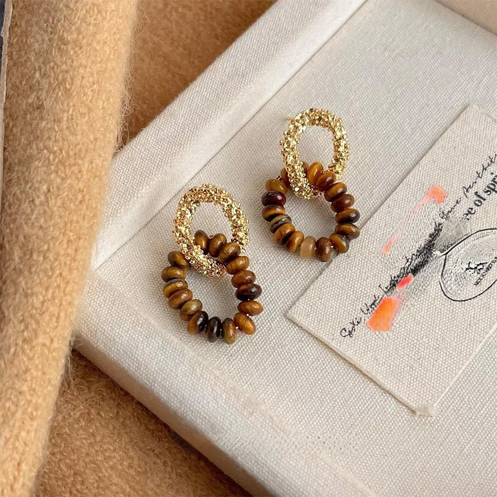 14K Gold Plated Copper Tiger Eye Geometric Hollow Cross Vintage Maillard Handmade Drop Earrings