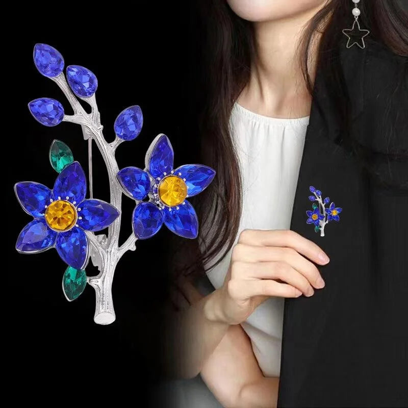 Elegant Red Crystal Flower Branch Brooch Gold Alloy Rhinestone Floral Lapel Pin Corsage Gift For Women