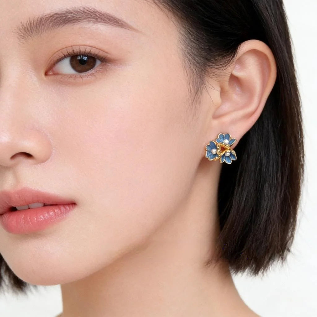 Blue Iris Flower Enamel Drip Glaze Copper Stud Earrings With Pearl
