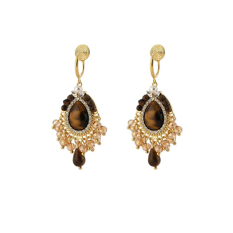 Vintage Ethnic Teardrop Tiger Eye Crystal Pearl Tassel Stud & Clip On No Piercing Earrings