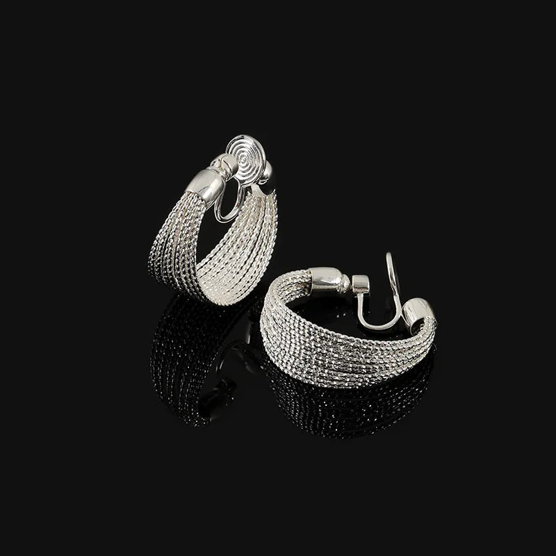 Elegant Silver Alloy Multi Layer Hoop Spiral Rhinestone Stud & Clip On No Piercing Earrings