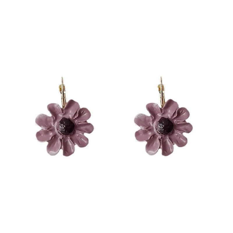 Korean French Style Purple Daisy Flower Metal Drop Earrings For Women Sweet Floral Jewelry